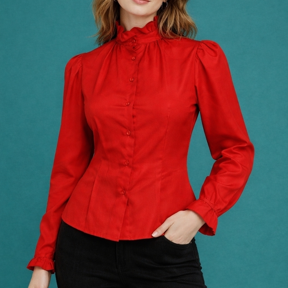 VTG LA BENE 1970s Tomato Red Ruffle High Neck Puff Sleeve Colonial Blouse